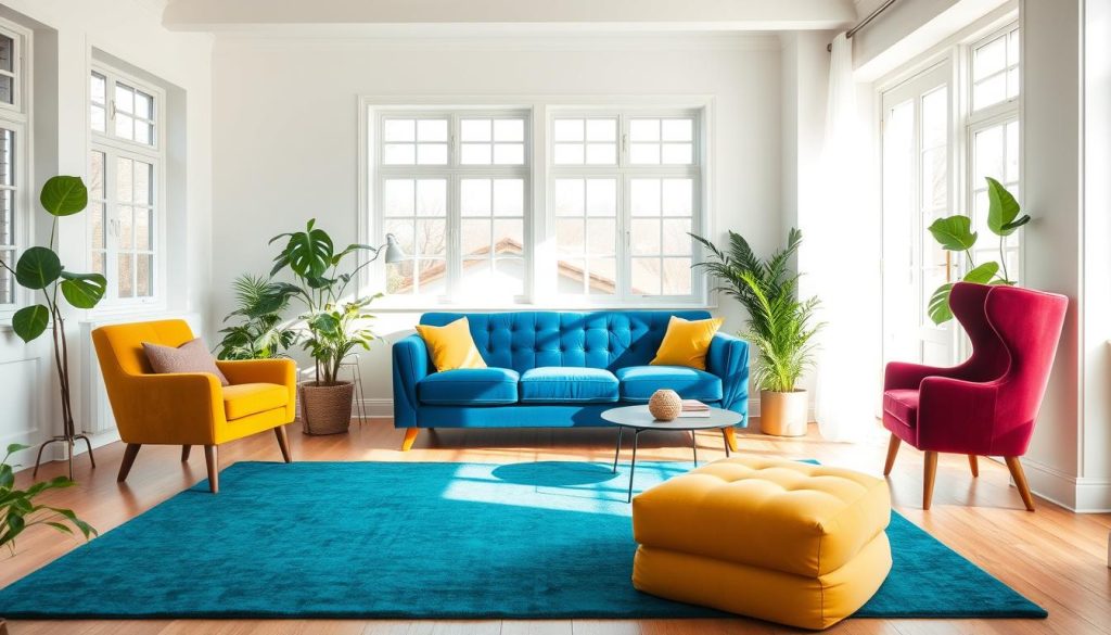 A beautifully lit, airy living room with a plush, sapphire blue sofa as the centerpiece. Surrounding it, a carefully curated palette of complementary hues - a pair of mustard yellow armchairs, a rich burgundy accent chair, and a vibrant teal area rug. Warm, wooden flooring and crisp white walls provide a neutral backdrop, allowing the colors to pop. Soft, diffused lighting streams in through large windows, casting a gentle glow across the space. Lush, verdant houseplants add pops of natural greenery, creating a harmonious and inviting atmosphere. The overall scene evokes a sense of elegant sophistication and cozy comfort. Uma sala de estar bem iluminada e arejada com um sofá de pelúcia azul safira como peça central. Ao redor dele, uma paleta cuidadosamente selecionada de tons complementares - um par de poltronas amarelo-mostarda, uma cadeira de acento cor de vinho e um tapete azul-petróleo vibrante. O piso de madeira quente e as paredes brancas e nítidas proporcionam um pano de fundo neutro, permitindo que as cores se destaquem. A iluminação suave e difusa entra pelas grandes janelas, lançando um brilho suave em todo o espaço. Plantas de casa exuberantes e verdejantes acrescentam toques de vegetação natural, criando uma atmosfera harmoniosa e convidativa. O cenário geral evoca uma sensação de sofisticação elegante e conforto aconchegante.