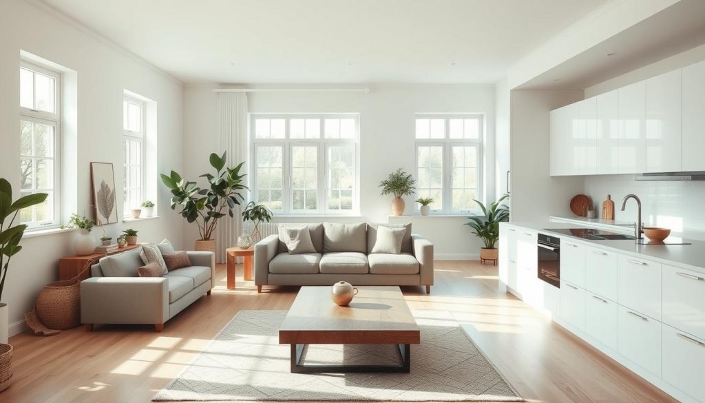 A bright, airy living room with an open-concept kitchen seamlessly integrated. Soft natural light filters through large windows, illuminating the sleek, modern kitchen with minimalist white cabinets and a sleek quartz countertop. In the living area, a plush sectional sofa faces a low, wood-grain coffee table, creating a cozy conversation nook. Warm-toned wood accents, lush indoor plants, and a subtle rug tie the spaces together, exuding a sense of harmonious flow. The overall atmosphere is one of tranquility and effortless sophistication, reflecting the ideal of a beautifully decorated, integrated living and cooking area. A bright, airy living room with an open-concept kitchen seamlessly integrated. Soft natural light filters through large windows, illuminating the sleek, modern kitchen with minimalist white cabinets and a sleek quartz countertop. In the living area, a plush sectional sofa faces a low, wood-grain coffee table, creating a cozy conversation nook. Warm-toned wood accents, lush indoor plants, and a subtle rug tie the spaces together, exuding a sense of harmonious flow. The overall atmosphere is one of tranquility and effortless sophistication, reflecting the ideal of a beautifully decorated, integrated living and cooking area.