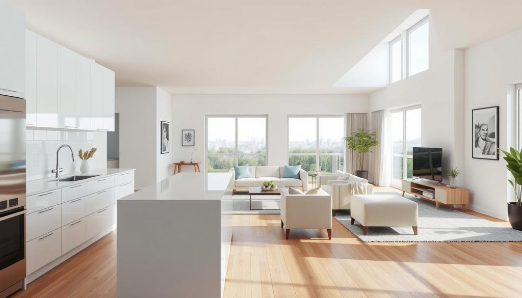 A bright, airy open-concept living space featuring a seamless integration of a modern kitchen and living room. The foreground showcases a sleek, minimalist kitchen with white cabinets, a large central island, and stainless steel appliances. In the middle ground, a cozy living area with plush sofas and armchairs arranged around a coffee table, bathed in natural light filtering through large windows. The background depicts a serene outdoor view, perhaps a landscaped garden or cityscape, creating a tranquil and harmonious atmosphere. The overall scene conveys a sense of functionality, comfort, and effortless sophistication - a perfect realization of the "Dicas Práticas para Aproveitar ao Máximo o Espaço Conjugado" concept. A bright, airy open-concept living space featuring a seamless integration of a modern kitchen and living room. The foreground showcases a sleek, minimalist kitchen with white cabinets, a large central island, and stainless steel appliances. In the middle ground, a cozy living area with plush sofas and armchairs arranged around a coffee table, bathed in natural light filtering through large windows. The background depicts a serene outdoor view, perhaps a landscaped garden or cityscape, creating a tranquil and harmonious atmosphere. The overall scene conveys a sense of functionality, comfort, and effortless sophistication - a perfect realization of the "Dicas Práticas para Aproveitar ao Máximo o Espaço Conjugado" concept.