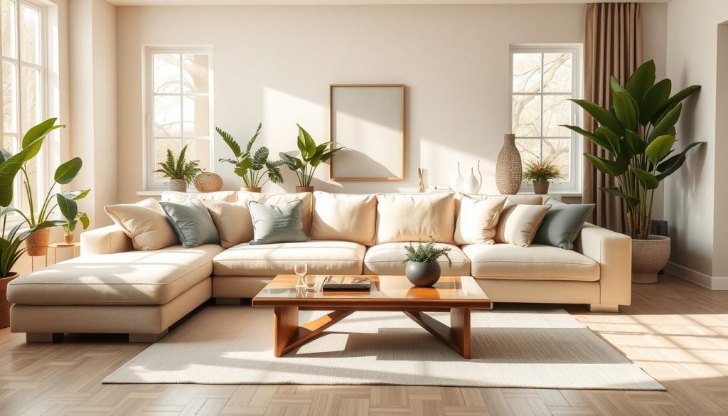 A bright and airy living room with a large, plush beige sofa as the focal point. The room is bathed in warm, natural sunlight streaming through large windows, casting a cozy glow. Neutral-toned walls provide a serene backdrop, complemented by lush potted plants and sleek, minimalist decor accents. The sofa is adorned with soft, textured throw pillows in muted tones, inviting comfort and relaxation. A modern, wood-and-glass coffee table sits centered in front of the sofa, adding a touch of contemporary elegance. The overall atmosphere is one of tranquility and understated sophistication, reflecting the "Decoração de Sala com Sofá Bege: Elegância Neutra" theme. Uma sala de estar bem iluminada e arejada com um grande sofá bege de pelúcia como ponto focal. O cômodo é banhado pela luz natural e quente do sol que passa pelas grandes janelas, criando um brilho aconchegante. As paredes em tons neutros proporcionam um cenário sereno, complementado por vasos de plantas exuberantes e detalhes de decoração elegantes e minimalistas. O sofá é adornado com almofadas macias e texturizadas em tons suaves, convidando ao conforto e ao relaxamento. Uma moderna mesa de centro de madeira e vidro fica centralizada em frente ao sofá, acrescentando um toque de elegância contemporânea. A atmosfera geral é de tranquilidade e sofisticação discreta, refletindo o tema "Decoração de Sala com Sofá Bege: Elegância Neutra".