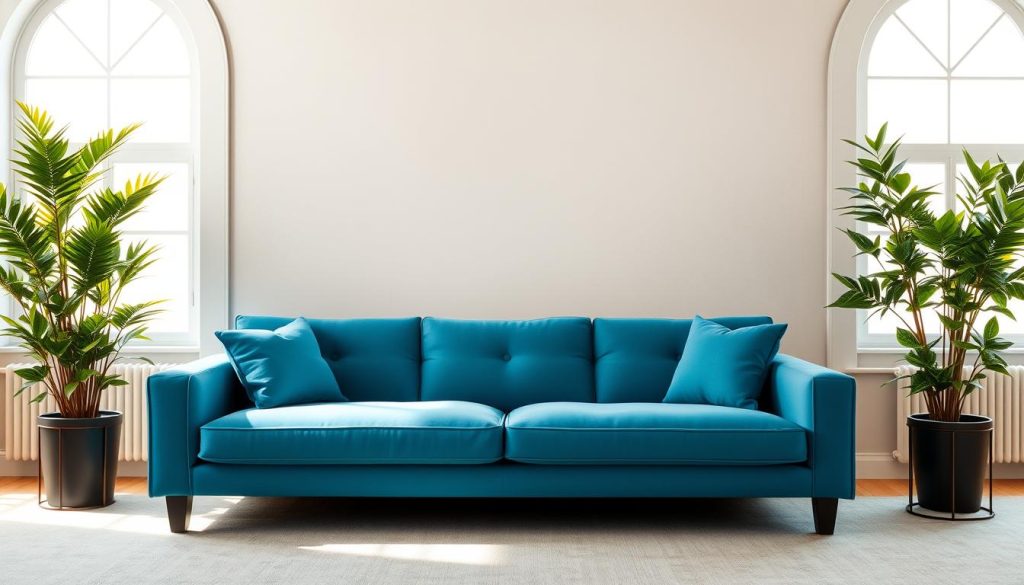 A comfy, plush, azure blue sofa sits in the center of a cozy, elegant living room. Soft, natural lighting filters in through large, arched windows, casting a warm glow on the room. The sofa is framed by a pair of potted plants, their verdant foliage adding a touch of vibrancy. The background features a neutral-toned, textured wall, creating a serene and inviting ambiance. The overall scene exudes a sense of refined sophistication, making it the perfect centerpiece for a living space. Um sofá azul-celeste, confortável e macio, fica no centro de uma sala de estar elegante e aconchegante. A iluminação natural e suave é filtrada pelas grandes janelas em arco, lançando um brilho quente no cômodo. O sofá é emoldurado por um par de vasos de plantas, cuja folhagem verdejante acrescenta um toque de vibração. O fundo apresenta uma parede texturizada de tom neutro, criando um ambiente sereno e convidativo. A cena geral exala uma sensação de sofisticação refinada, tornando-a a peça central perfeita para um espaço de convivência.