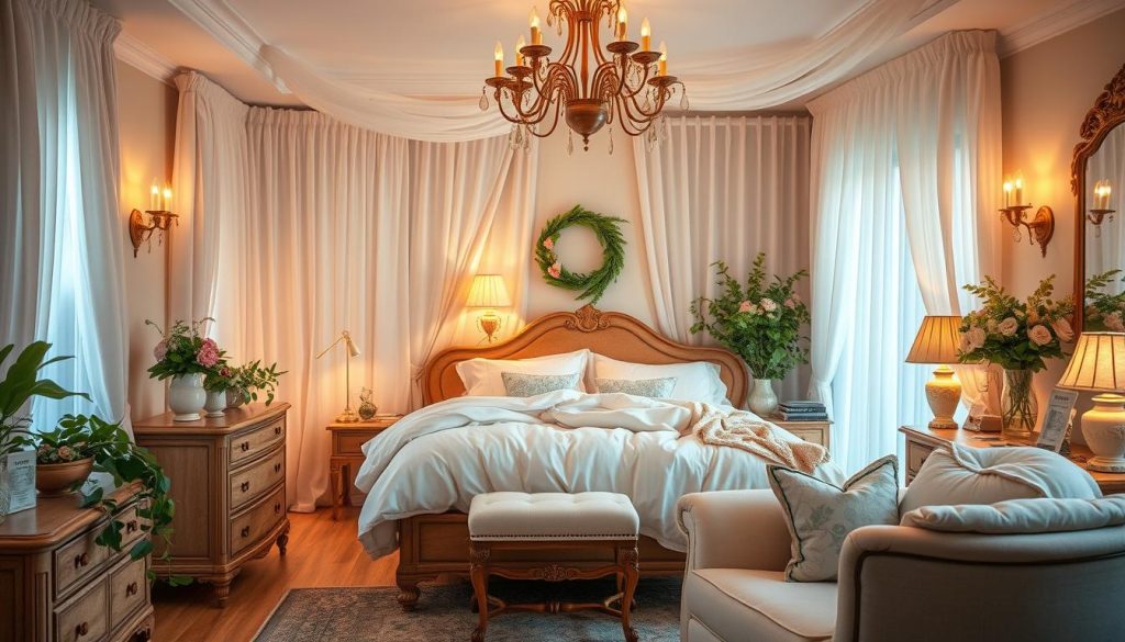 A cozy and intimate bedroom with soft, romantic lighting. Delicate curtains in sheer fabrics frame a large, plush bed draped in luxurious linens in pastel hues. Elegant, vintage-inspired furniture pieces in natural wood tones create a serene and inviting atmosphere. Lush greenery and fragrant floral arrangements add pops of color and natural texture. The scene is bathed in a warm, golden glow from a mix of sconces, table lamps, and a central chandelier, creating a tranquil and relaxing ambiance. A true sanctuary of comfort and beauty. Um quarto aconchegante e íntimo com iluminação suave e romântica. Cortinas delicadas em tecidos transparentes emolduram uma cama grande e macia coberta com lençóis luxuosos em tons pastéis. Móveis elegantes e de inspiração vintage em tons de madeira natural criam uma atmosfera serena e convidativa. A vegetação exuberante e os arranjos florais perfumados acrescentam toques de cor e textura natural. A cena é banhada por um brilho dourado e quente de uma mistura de arandelas, luminárias de mesa e um lustre central, criando um ambiente tranquilo e relaxante. Um verdadeiro santuário de conforto e beleza.