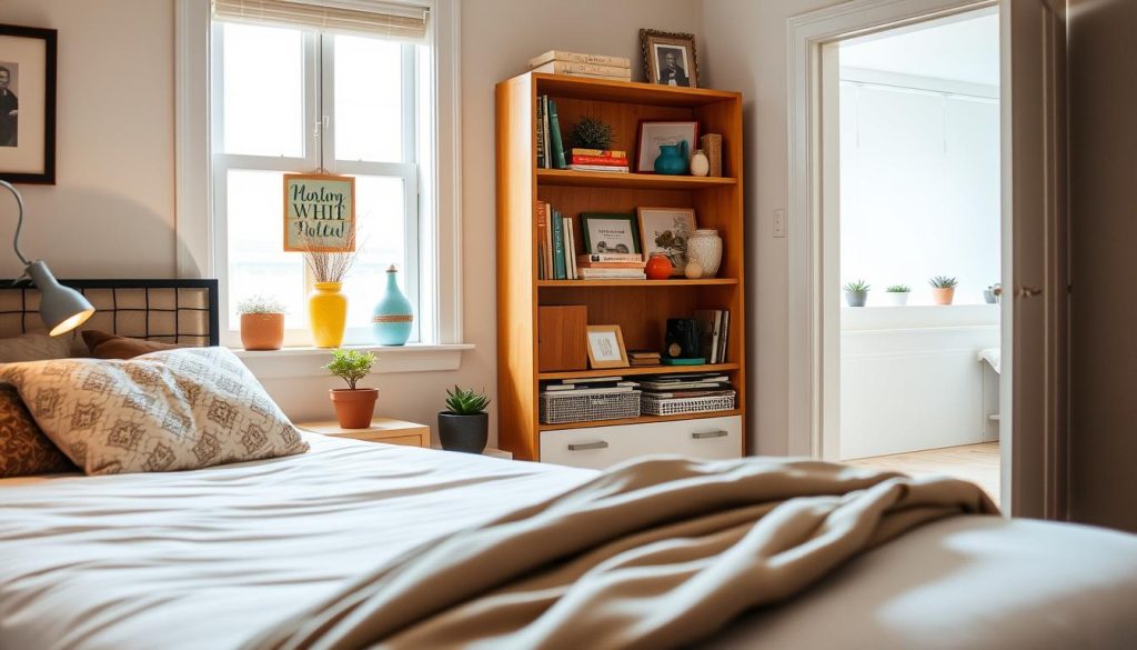 A cozy and inviting bedroom with a focus on affordable and creative decor. The foreground features a neatly made bed with a simple but stylish comforter and patterned throw pillows. On the bedside table, a small potted plant and a vintage-inspired lamp provide soft, warm lighting. In the middle ground, a bookshelf showcases an eclectic mix of colorful, inexpensive decor items like vases, candles, and framed wall art. The background depicts a minimalist, yet charming, windowsill with a few small succulents and a glimpse of a bright, airy space beyond. The overall atmosphere is one of coziness, comfort, and a touch of whimsy, all achieved through simple, budget-friendly elements. Um quarto aconchegante e convidativo com foco em uma decoração econômica e criativa. O primeiro plano apresenta uma cama bem arrumada com um edredom simples, mas elegante, e travesseiros estampados. No criado-mudo, um pequeno vaso de planta e uma luminária de inspiração vintage proporcionam uma iluminação suave e aconchegante. No centro da sala, uma estante exibe uma mistura eclética de itens de decoração coloridos e baratos, como vasos, velas e arte de parede emoldurada. O fundo mostra um peitoril de janela minimalista, porém charmoso, com algumas pequenas suculentas e um vislumbre de um espaço claro e arejado. A atmosfera geral é de aconchego, conforto e um toque de capricho, tudo isso obtido por meio de elementos simples e econômicos.