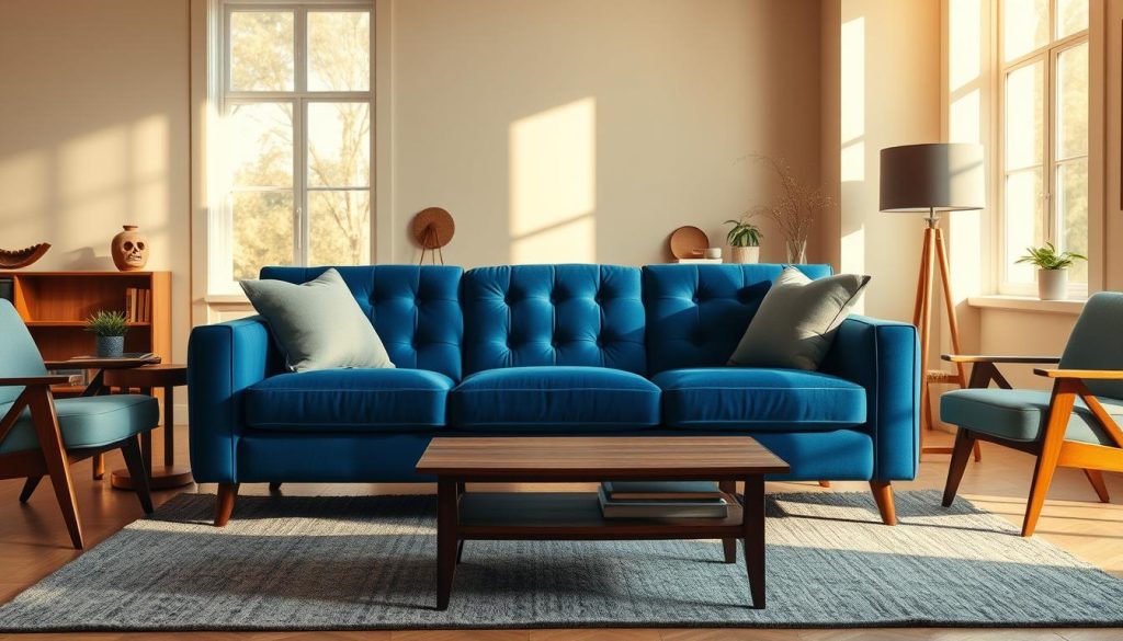 A cozy and inviting blue sofa takes center stage, its plush cushions and tufted details exuding an air of sophistication. The sofa is bathed in warm, natural light streaming through large windows, casting soft shadows that add depth and dimension to the scene. Surrounding the sofa, a tastefully curated arrangement of mid-century modern decor, including a sleek wooden coffee table and a pair of complementary armchairs, creates a harmonious and visually striking living room. The walls are painted in a soothing neutral tone, allowing the bold blue of the sofa to truly pop and become the focal point of the space. The overall atmosphere is one of modern elegance, where the blue sofa serves as a striking centerpiece that elevates the entire room's design. Um sofá azul aconchegante e convidativo ocupa o centro do palco, com suas almofadas de pelúcia e detalhes tufados que exalam um ar de sofisticação. O sofá é banhado por uma luz natural e quente que passa por grandes janelas, lançando sombras suaves que acrescentam profundidade e dimensão à cena. Ao redor do sofá, um arranjo de decoração moderna de meados do século, com curadoria de bom gosto, incluindo uma elegante mesa de centro de madeira e um par de poltronas complementares, cria uma sala de estar harmoniosa e visualmente impressionante. As paredes são pintadas em um tom neutro suave, permitindo que o azul arrojado do sofá se destaque e se torne o ponto focal do espaço. A atmosfera geral é de elegância moderna, em que o sofá azul serve como uma peça central marcante que eleva o design de toda a sala.