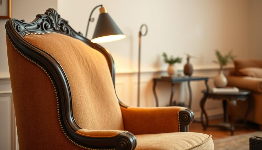A cozy and inviting decorative armchair set against a warm and relaxing living room interior. The chair features intricate carved wooden details, plush upholstery in a rich, earthy tone, and elegant brass hardware. Soft, diffused lighting from a nearby floor lamp casts a gentle glow, creating an intimate and welcoming atmosphere. The chair is positioned in the foreground, drawing the eye and beckoning the viewer to sink into its comfortable embrace. The middle ground showcases a tastefully decorated side table with a potted plant and a decorative vase, while the background reveals neutral-toned walls and a hint of additional furnishings, suggesting a well-appointed and harmonious living space. Uma poltrona decorativa aconchegante e convidativa em um ambiente acolhedor e relaxante na sala de estar. A poltrona apresenta intrincados detalhes de madeira entalhada, estofamento de pelúcia em um tom rico e terroso e elegantes ferragens de latão. A iluminação suave e difusa de uma luminária de chão próxima emite um brilho suave, criando uma atmosfera íntima e acolhedora. A cadeira está posicionada em primeiro plano, atraindo o olhar e convidando o espectador a se acomodar em seu confortável abraço. O meio-termo mostra uma mesa lateral decorada com bom gosto, com um vaso de plantas e um vaso decorativo, enquanto o fundo revela paredes de tons neutros e um toque de móveis adicionais, sugerindo um espaço de convivência bem equipado e harmonioso.