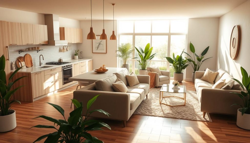 A cozy and inviting integrated living space, with a spacious open-concept kitchen seamlessly flowing into a comfortable living room. Warm natural lighting filters through large windows, casting a soft glow on the hardwood floors and highlighting the clean, modern aesthetic. Sleek kitchen cabinets in a light wood tone complement the neutral color palette, while a central island provides ample prep space and casual dining opportunities. Plush upholstered sofas and armchairs invite relaxation in the living area, creating a harmonious balance between the culinary and lounging zones. Lush potted plants and a minimalist wall decor add pops of greenery, enhancing the serene and harmonious atmosphere. Uma cozinha integrada, aconchegante e convidativo, com uma espaçosa cozinha de conceito aberto que flui perfeitamente para uma confortável sala de estar. A iluminação natural quente é filtrada pelas grandes janelas, lançando um brilho suave nos pisos de madeira e destacando a estética limpa e moderna. Armários de cozinha elegantes em um tom de madeira clara complementam a paleta de cores neutras, enquanto uma ilha central oferece amplo espaço de preparação e oportunidades de refeições casuais. Sofás e poltronas estofados de pelúcia convidam ao relaxamento na área de estar, criando um equilíbrio harmonioso entre as áreas de culinária e de descanso. Exuberantes vasos de plantas e uma decoração minimalista na parede acrescentam toques de verde, melhorando a atmosfera serena e harmoniosa.