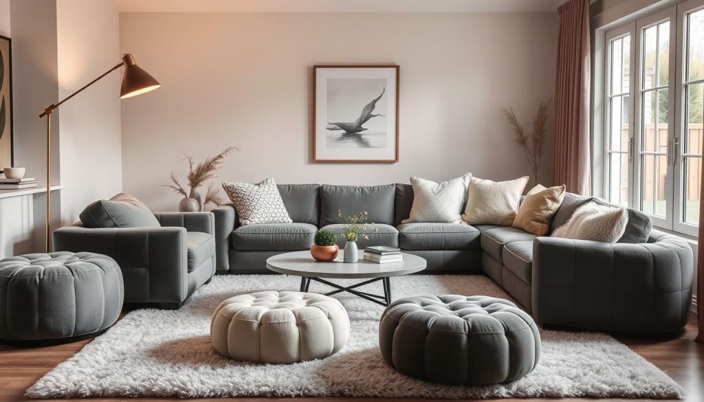 A cozy and inviting living room featuring an array of plush puff ottomans in various shades of gray, ivory, and taupe. The puffs are strategically placed around a minimalist coffee table, creating a casual and comfortable seating arrangement. Soft, diffused lighting from a mid-century modern floor lamp casts a warm glow, while large windows allow natural light to filter in, illuminating the neutral-toned décor. Textured throw pillows and a fluffy area rug add depth and softness to the space. The overall atmosphere is one of relaxation and sophistication, perfectly suited for a section on using puffs to enhance a living room's decoration. A cozy and inviting living room featuring an array of plush puff ottomans in various shades of gray, ivory, and taupe. The puffs are strategically placed around a minimalist coffee table, creating a casual and comfortable seating arrangement. Soft, diffused lighting from a mid-century modern floor lamp casts a warm glow, while large windows allow natural light to filter in, illuminating the neutral-toned décor. Textured throw pillows and a fluffy area rug add depth and softness to the space. The overall atmosphere is one of relaxation and sophistication, perfectly suited for a section on using puffs to enhance a living room's decoration.