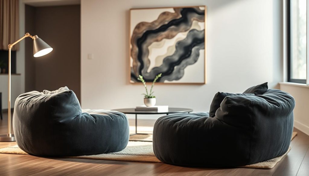 A cozy and inviting living room setting with a pair of plush, charcoal-gray puffs placed in the foreground, serving as comfortable extra seating. Soft, diffused lighting from a floor lamp and a large window bathes the space in a warm, natural glow. The puffs are positioned in an L-shape, creating a casual and conversational arrangement. In the middle ground, a minimalist coffee table with a potted plant and a stack of books adds a refined touch. The background showcases a neutral-toned wall with a large piece of abstract artwork, complementing the overall relaxed and sophisticated ambiance. A cozy and inviting living room setting with a pair of plush, charcoal-gray puffs placed in the foreground, serving as comfortable extra seating. Soft, diffused lighting from a floor lamp and a large window bathes the space in a warm, natural glow. The puffs are positioned in an L-shape, creating a casual and conversational arrangement. In the middle ground, a minimalist coffee table with a potted plant and a stack of books adds a refined touch. The background showcases a neutral-toned wall with a large piece of abstract artwork, complementing the overall relaxed and sophisticated ambiance.