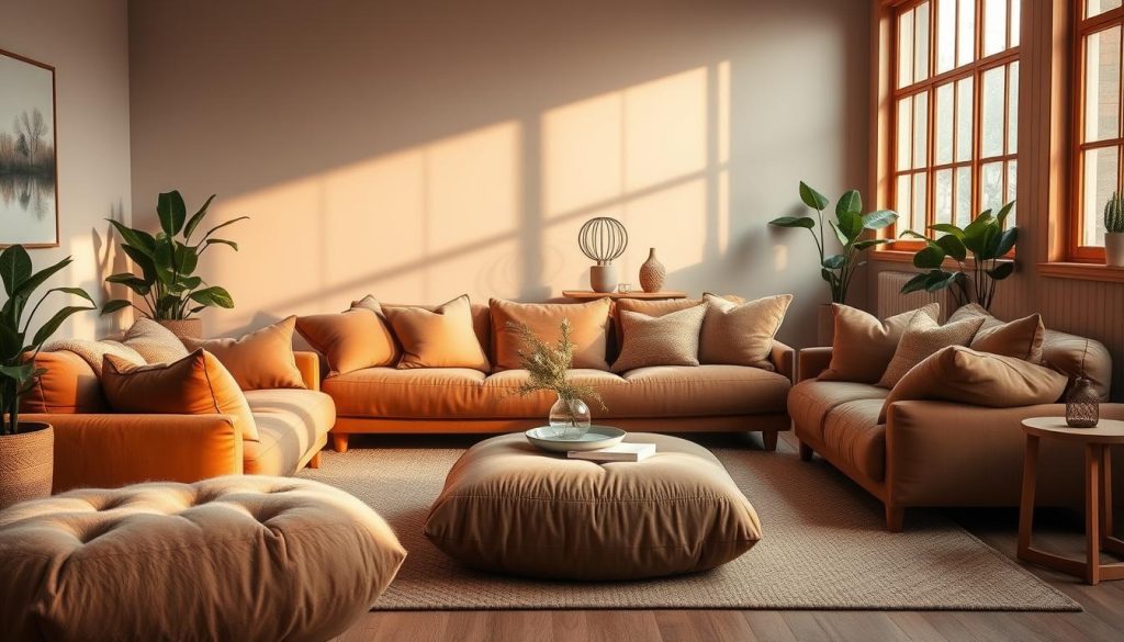 A cozy and inviting living room with a harmonious arrangement of plush, modern puffs in a variety of earthy tones. The puffs are strategically placed around a sleek, low-profile coffee table, creating a comfortable and casual seating area. Warm, diffused lighting from a large window casts a soft glow, accentuating the tactile textures of the puffs and the natural wood tones of the furniture. Potted plants and minimalist décor elements add pops of greenery, complementing the overall relaxed and sophisticated ambiance. The composition draws the eye, inviting the viewer to imagine sinking into the puffs and enjoying a moment of tranquility. A cozy and inviting living room with a harmonious arrangement of plush, modern puffs in a variety of earthy tones. The puffs are strategically placed around a sleek, low-profile coffee table, creating a comfortable and casual seating area. Warm, diffused lighting from a large window casts a soft glow, accentuating the tactile textures of the puffs and the natural wood tones of the furniture. Potted plants and minimalist décor elements add pops of greenery, complementing the overall relaxed and sophisticated ambiance. The composition draws the eye, inviting the viewer to imagine sinking into the puffs and enjoying a moment of tranquility.