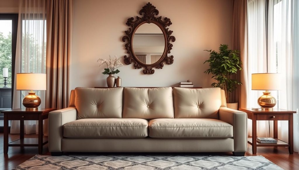 A cozy and inviting living room with a large, plush beige sofa taking center stage. The sofa is flanked by two elegant wooden end tables, each adorned with a tasteful lamp casting a warm, ambient glow. In the background, floor-to-ceiling windows allow natural light to flood the space, while sheer curtains gently frame the view. The room is accented with carefully selected decorative pieces, such as a large, ornate wall mirror and a lush potted plant, creating a harmonious and visually appealing atmosphere. The overall scene conveys a sense of comfort, sophistication, and attention to detail, perfectly capturing the essence of "Passo a Passo para Decorar sua Sala com Sofá Bege".
Uma sala de estar aconchegante e convidativa com um grande sofá bege de pelúcia no centro do palco. O sofá é ladeado por duas elegantes mesas de apoio de madeira, cada uma adornada com uma luminária de bom gosto que emite uma luz ambiente quente. Ao fundo, janelas do chão ao teto permitem que a luz natural inunde o espaço, enquanto cortinas transparentes emolduram suavemente a vista. O cômodo é acentuado com peças decorativas cuidadosamente selecionadas, como um grande espelho de parede ornamentado e um exuberante vaso de plantas, criando uma atmosfera harmoniosa e visualmente atraente. A cena geral transmite uma sensação de conforto, sofisticação e atenção aos detalhes, capturando perfeitamente a essência do “Passo a Passo para Decorar sua Sala com Sofá Bege”.