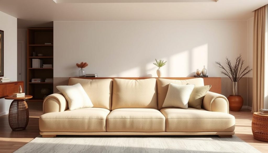 A cozy and inviting living room with a large, plush beige sofa taking center stage. The sofa is positioned in the middle ground, framed by a warm and minimalist decor. Soft, natural lighting filters in through large windows, creating a soothing ambiance. The background features neutral-toned walls and subtle, tasteful decor elements that complement the sofa seamlessly. The overall scene conveys a sense of comfort, relaxation, and sophisticated elegance, perfectly suited for the "Vantagens de Ter um Sofá Bege na Sala" section of the article. Uma sala de estar aconchegante e convidativa com um grande sofá bege de pelúcia no centro do palco. O sofá está posicionado no centro, emoldurado por uma decoração aconchegante e minimalista. A iluminação natural e suave é filtrada pelas grandes janelas, criando um ambiente relaxante. O fundo apresenta paredes de tons neutros e elementos de decoração sutis e de bom gosto que complementam o sofá perfeitamente. A cena geral transmite uma sensação de conforto, relaxamento e elegância sofisticada, perfeitamente adequada para a seção “Vantagens de Ter um Sofá Bege na Sala” do artigo.