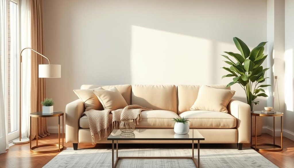 A cozy and inviting living room with a luxurious beige sofa as the focal point. The sofa is adorned with plush throw pillows and a comfy knitted blanket, creating a warm and welcoming atmosphere. Soft lighting from a floor lamp and a large window casts a gentle glow, highlighting the sofa's elegant curves and the surrounding decor. Surrounding the sofa are a pair of sleek end tables, a modern coffee table, and a lush potted plant, all harmoniously blending to create a harmonious and sophisticated space. The overall scene exudes a sense of relaxation and understated elegance, perfectly reflecting the versatility of the beige sofa as the centerpiece of the room. Uma sala de estar aconchegante e convidativa com um luxuoso sofá bege como ponto focal. O sofá é adornado com almofadas de pelúcia e um cobertor de malha confortável, criando uma atmosfera calorosa e acolhedora. A iluminação suave de uma luminária de chão e de uma grande janela emite um brilho suave, destacando as curvas elegantes do sofá e a decoração ao redor. Ao redor do sofá há um par de mesas de apoio elegantes, uma mesa de centro moderna e um exuberante vaso de plantas, todos harmoniosamente combinados para criar um espaço harmonioso e sofisticado. A cena geral exala uma sensação de relaxamento e elegância discreta, refletindo perfeitamente a versatilidade do sofá bege como peça central da sala.