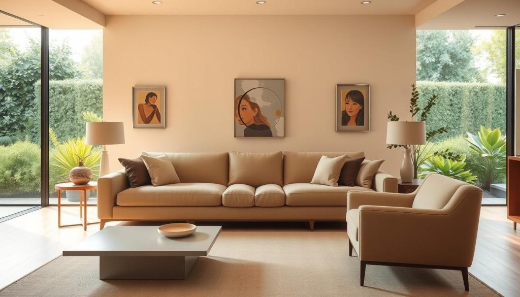A cozy and inviting living room with a plush beige sofa as the focal point. The room is bathed in warm, natural lighting, creating a serene and relaxing atmosphere. In the foreground, a modern minimalist coffee table complements the sofa, while on the walls, a few carefully curated pieces of abstract art add a touch of visual interest. The middle ground features a pair of matching armchairs, positioned to encourage conversation and interaction. In the background, a large window overlooks a lush, verdant garden, blurring the line between indoor and outdoor spaces. The overall design is elegant and harmonious, with a hint of understated sophistication that avoids a monotonous or bland appearance. Uma sala de estar aconchegante e convidativa com um sofá bege de pelúcia como ponto focal. O cômodo é banhado por uma iluminação natural e quente, criando uma atmosfera serena e relaxante. No primeiro plano, uma mesa de centro moderna e minimalista complementa o sofá, enquanto nas paredes, algumas peças de arte abstrata cuidadosamente selecionadas acrescentam um toque de interesse visual. O meio-termo apresenta um par de poltronas combinando, posicionadas para incentivar a conversa e a interação. Ao fundo, uma grande janela tem vista para um jardim exuberante e verdejante, desfazendo a linha entre os espaços interno e externo. O design geral é elegante e harmonioso, com um toque de sofisticação discreta que evita uma aparência monótona ou sem graça.