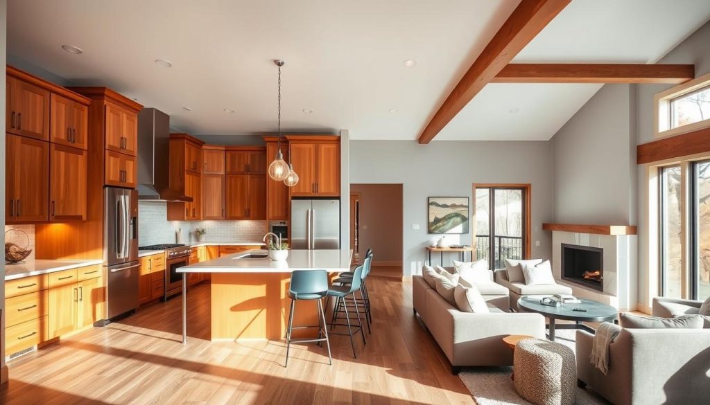 A cozy and inviting open-concept kitchen with a seamless flow into a modern living room. The kitchen features warm wood cabinetry, sleek stainless steel appliances, and a large central island with bar stools. Soft pendant lighting casts a gentle glow, complementing the neutral color palette. In the living room, plush seating arrangements create a comfortable conversation area, with a large window allowing natural light to flood the space. Subtle architectural details like exposed beams and a minimalist fireplace add character. The overall atmosphere exudes a harmonious blend of functionality and relaxation, embodying the essence of the American-style open floor plan. Uma cozinha de conceito aberto aconchegante e convidativa com um fluxo contínuo para uma sala de estar moderna. A cozinha apresenta armários de madeira quente, eletrodomésticos elegantes de aço inoxidável e uma grande ilha central com bancos de bar. A iluminação suave dos pendentes emite um brilho suave, complementando a paleta de cores neutras. Na sala de estar, os assentos de pelúcia criam uma área de conversação confortável, com uma grande janela que permite que a luz natural inunde o espaço. Detalhes arquitetônicos sutis, como vigas expostas e uma lareira minimalista, acrescentam personalidade. A atmosfera geral exala uma mistura harmoniosa de funcionalidade e relaxamento, incorporando a essência da planta baixa aberta no estilo americano.