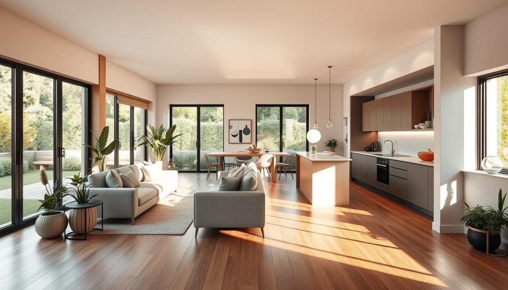 A cozy and inviting open-concept living space with a seamlessly integrated kitchen area. The room is filled with warm natural light, streaming in through large windows overlooking a serene garden. Elegant wooden floors and a minimalist, Scandinavian-inspired decor create a harmonious, calming atmosphere. A modular sofa in a neutral tone nestles in the living area, complemented by a sleek, handleless kitchen with clean lines and high-end appliances. Carefully curated plants and subtle accent pieces add pops of greenery and texture, while recessed lighting casts a soft, ambient glow throughout the space, fostering a sense of spaciousness and relaxation. Uma sala de estar aconchegante e convidativa de conceito aberto com uma área de cozinha perfeitamente integrada. O cômodo é repleto de luz natural quente, que entra pelas grandes janelas com vista para um jardim sereno. Pisos de madeira elegantes e uma decoração minimalista de inspiração escandinava criam uma atmosfera harmoniosa e tranquila. Um sofá modular em um tom neutro aninha-se na área de estar, complementado por uma cozinha elegante, sem puxadores, com linhas simples e eletrodomésticos de alta qualidade. Plantas cuidadosamente selecionadas e peças de destaque sutis adicionam toques de vegetação e textura, enquanto a iluminação embutida lança um brilho suave e ambiente em todo o espaço, promovendo uma sensação de espaço e relaxamento.