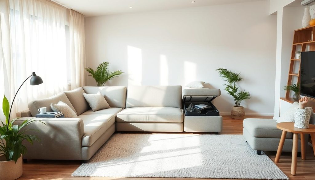 A cozy and modern living room with a sleek retractable sofa as the centerpiece. The sofa is upholstered in a neutral-toned fabric, with clean lines and a minimalist design that blends seamlessly with the surrounding decor. Soft lighting casts a warm glow, accentuating the sofa's smooth and inviting curves. The room is filled with natural elements, such as potted plants and natural wood accents, creating a soothing and harmonious atmosphere. The retractable mechanism allows the sofa to transform from a comfortable seating area to a relaxing lounging space, perfect for entertaining or unwinding after a long day. The overall scene exudes a sense of sophisticated comfort and effortless style, reflecting the modern and functional appeal of a retractable sofa in a contemporary living room setting. Uma sala de estar aconchegante e moderna com um elegante sofá retrátil como peça central. O sofá é estofado em um tecido de tom neutro, com linhas simples e um design minimalista que combina perfeitamente com a decoração ao redor. A iluminação suave emite um brilho quente, acentuando as curvas suaves e convidativas do sofá. A sala está repleta de elementos naturais, como vasos de plantas e detalhes em madeira natural, criando uma atmosfera suave e harmoniosa. O mecanismo retrátil permite que o sofá se transforme de uma área de assento confortável em um espaço de descanso relaxante, perfeito para entretenimento ou para relaxar depois de um longo dia. A cena geral exala uma sensação de conforto sofisticado e estilo sem esforço, refletindo o apelo moderno e funcional de um sofá retrátil em um ambiente de sala de estar contemporânea.