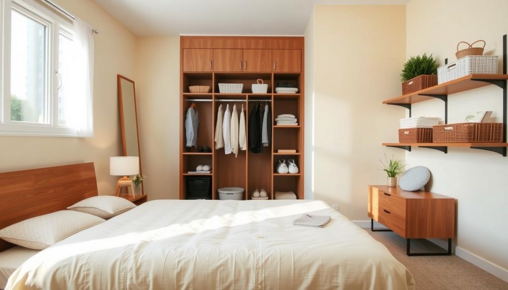 A cozy and organized bedroom with functional and affordable furniture. In the foreground, a simple yet stylish wooden bed frame with clean lines, complemented by a plush comforter and decorative pillows. On the nearby nightstand, a minimalist table lamp provides gentle illumination. In the middle ground, a spacious wardrobe with ample storage space, its clean-cut design blending seamlessly with the room's aesthetic. Floating shelves along the walls hold carefully curated decorative items and storage baskets, creating a harmonious and clutter-free environment. The background showcases a soft, warm-toned paint color, enhancing the overall sense of comfort and relaxation. Diffused natural light streams in through the window, casting a serene glow throughout the space and accentuating the functional yet stylish arrangement of the bedroom. Um quarto aconchegante e organizado com móveis funcionais e econômicos. Em primeiro plano, uma estrutura de cama de madeira simples, porém elegante, com linhas limpas, complementada por um edredom de pelúcia e travesseiros decorativos. Na mesinha de cabeceira próxima, uma luminária de mesa minimalista proporciona uma iluminação suave. No centro, um guarda-roupa espaçoso com amplo espaço de armazenamento, com um design simples que combina perfeitamente com a estética do quarto. Prateleiras flutuantes ao longo das paredes abrigam itens decorativos e cestas de armazenamento cuidadosamente selecionados, criando um ambiente harmonioso e sem desordem. O fundo apresenta uma cor de tinta suave e de tom quente, aumentando a sensação geral de conforto e relaxamento. A luz natural difusa entra pela janela, lançando um brilho sereno em todo o espaço e acentuando a disposição funcional e elegante do quarto.