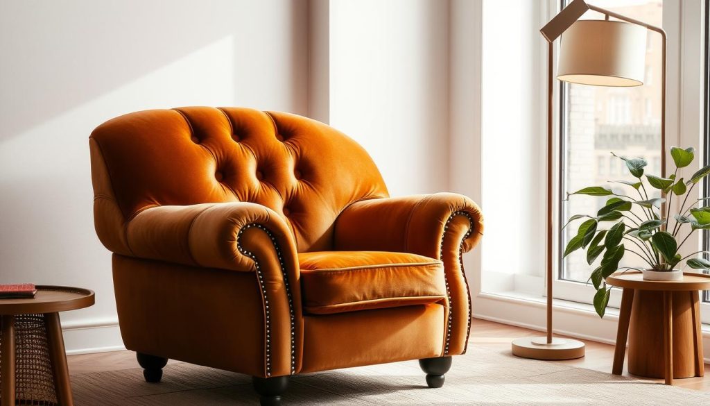 A cozy and stylish armchair, upholstered in a sumptuous velvet fabric in a warm, earthy tone. The chair is positioned in a well-lit, airy room, its curves and tufted back creating a inviting, comfortable silhouette. Soft, diffused lighting from a nearby floor lamp casts a gentle glow, accentuating the chair's plush texture and luxurious appeal. The armchair is complemented by a wooden side table and a lush, leafy plant, seamlessly integrating it into the existing decor. The overall scene radiates a sense of tranquility and sophistication, inviting the viewer to imagine relaxing in this harmonious and welcoming living space. Uma poltrona aconchegante e elegante, estofada em um suntuoso tecido de veludo em um tom quente e terroso. A poltrona está posicionada em um cômodo bem iluminado e arejado, com suas curvas e o encosto tufado criando uma silhueta convidativa e confortável. A iluminação suave e difusa de uma luminária de piso próxima emite um brilho suave, acentuando a textura macia e o apelo luxuoso da cadeira. A poltrona é complementada por uma mesa lateral de madeira e uma planta exuberante e frondosa, integrando-a perfeitamente à decoração existente. A cena geral irradia uma sensação de tranquilidade e sofisticação, convidando o espectador a se imaginar relaxando nesse espaço de vida harmonioso e acolhedor.