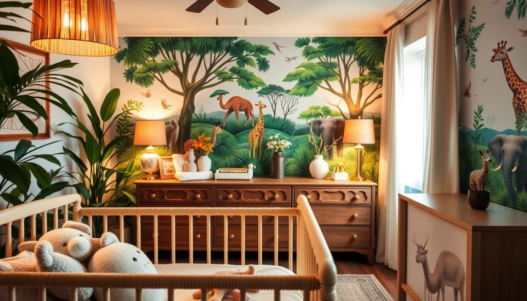 A cozy and whimsical safari-themed nursery, filled with warm lighting and lush greenery. In the foreground, a crib adorned with plush animal motifs and soft textiles, creating a comforting and inviting atmosphere. In the middle ground, a dresser or changing table featuring wooden accents and brass hardware, complemented by decorative vases and potted plants. The background showcases a feature wall with a mural depicting a lush, verdant landscape, complete with illustrations of majestic giraffes, elephants, and other wildlife. The overall scene conveys a sense of adventure, wonder, and tranquility, perfect for a newborn's safari-themed bedroom. The image should appear realistic and true to life, capturing the essence of a cozy and imaginative nursery design. Um quarto de bebê aconchegante e caprichoso com tema de safári, repleto de iluminação quente e vegetação exuberante. Em primeiro plano, um berço adornado com motivos de animais de pelúcia e tecidos macios, criando uma atmosfera reconfortante e convidativa. No centro, uma cômoda ou trocador com detalhes em madeira e ferragens de latão, complementados por vasos decorativos e plantas em vasos. O plano de fundo mostra uma parede com um mural que retrata uma paisagem exuberante e verdejante, com ilustrações de girafas majestosas, elefantes e outros animais selvagens. A cena geral transmite uma sensação de aventura, admiração e tranquilidade, perfeita para o quarto de um recém-nascido com tema de safári. A imagem deve parecer realista e fiel à vida, capturando a essência de um design de quarto de bebê aconchegante e imaginativo.Traduzido com a versão gratuita do tradutor - DeepL.com