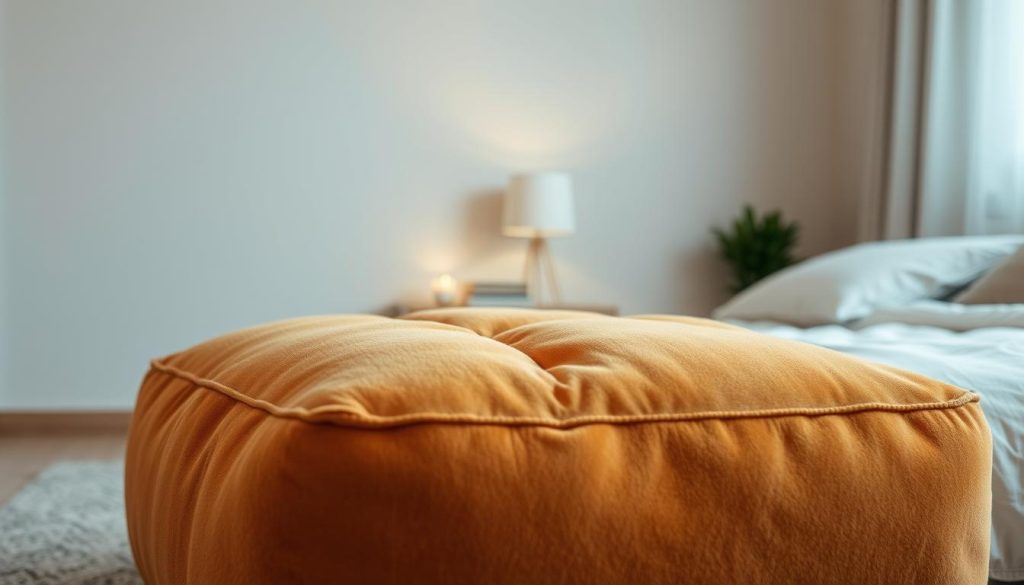 A cozy bedroom scene with a plush, square puff in the foreground, its soft, tufted texture inviting you to sink in. In the middle ground, a minimalist nightstand and reading lamp create a relaxing ambiance, while the background showcases a serene, neutral-toned wall, perfectly complementing the puff's warm hues. Soft, diffused lighting casts a gentle glow, highlighting the puff's inviting presence and the room's overall sense of tranquility. The composition emphasizes the puff's functionality as a versatile seating or footrest option, seamlessly blending style and comfort in this harmonious bedroom setting. A cozy bedroom scene with a plush, square puff in the foreground, its soft, tufted texture inviting you to sink in. In the middle ground, a minimalist nightstand and reading lamp create a relaxing ambiance, while the background showcases a serene, neutral-toned wall, perfectly complementing the puff's warm hues. Soft, diffused lighting casts a gentle glow, highlighting the puff's inviting presence and the room's overall sense of tranquility. The composition emphasizes the puff's functionality as a versatile seating or footrest option, seamlessly blending style and comfort in this harmonious bedroom setting.