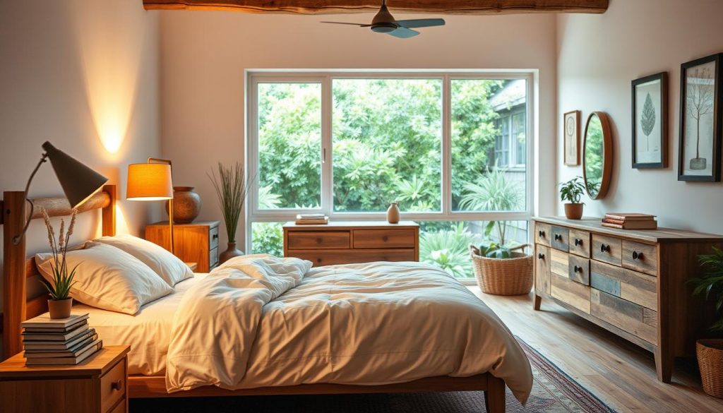 A cozy bedroom with a rustic, minimalist decor. In the foreground, a simple wooden bed frame with plush white bedding. Warm lighting from a floor lamp casts a soothing glow. On the nightstand, a stack of books and a small potted plant. In the middle ground, a wooden dresser with a decorative mirror above it. Hanging on the walls, framed nature-inspired artwork and a dreamcatcher. The background features a large window overlooking a lush, verdant garden, allowing natural light to pour in. The overall atmosphere is one of tranquility and relaxation, perfect for an affordable bedroom transformation. Um quarto aconchegante com uma decoração rústica e minimalista. Em primeiro plano, uma estrutura de cama simples de madeira com roupa de cama branca de pelúcia. A iluminação quente de uma luminária de chão dá um brilho suave. Na mesa de cabeceira, uma pilha de livros e um pequeno vaso de plantas. No centro, uma cômoda de madeira com um espelho decorativo acima dela. Penduradas nas paredes, obras de arte emolduradas inspiradas na natureza e um apanhador de sonhos. O fundo apresenta uma grande janela com vista para um jardim exuberante e verdejante, permitindo a entrada de luz natural. A atmosfera geral é de tranquilidade e relaxamento, perfeita para uma transformação econômica do quarto.