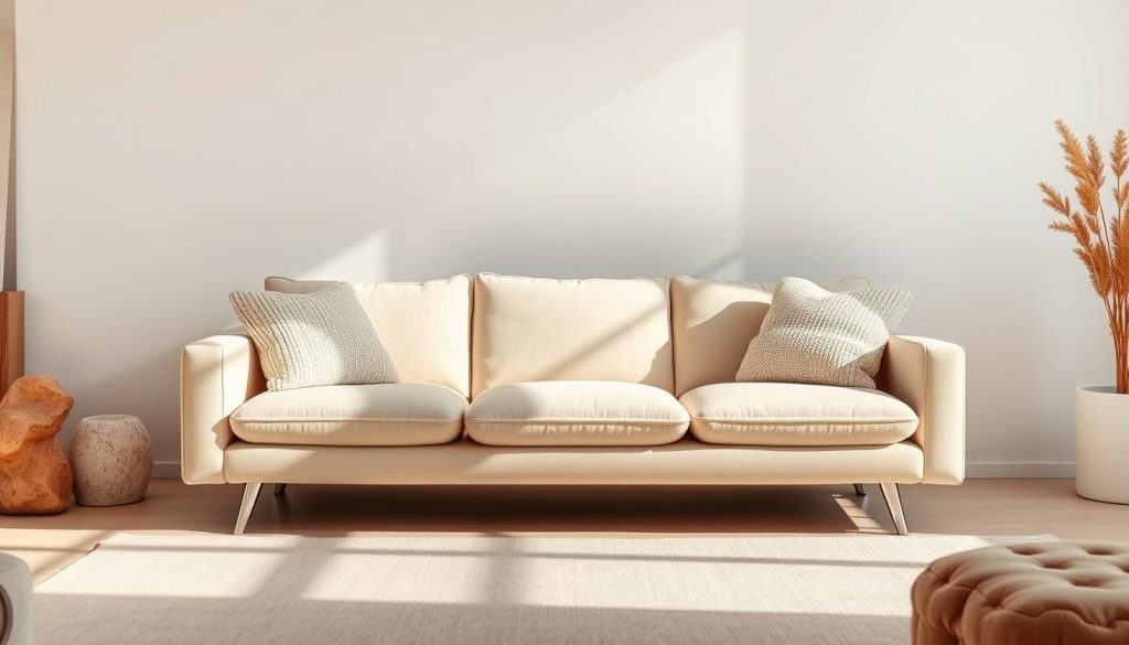 A cozy beige sofa sits in a well-lit, minimalist living room. Soft, natural light bathes the space, creating a warm and inviting atmosphere. The sofa is framed by sleek, contemporary furniture and accented with plush, textured pillows. The room features a neutral color palette, with hints of earthy tones and natural materials like wood and stone, reflecting a serene and balanced aesthetic. The scene conveys a sense of relaxation and comfort, providing a perfect backdrop for enjoying quiet moments or hosting gatherings. Um sofá bege aconchegante fica em uma sala de estar minimalista e bem iluminada. A luz natural e suave banha o espaço, criando uma atmosfera calorosa e convidativa. O sofá é emoldurado por móveis elegantes e contemporâneos e acentuado com almofadas de pelúcia e textura. O cômodo apresenta uma paleta de cores neutras, com toques de tons terrosos e materiais naturais como madeira e pedra, refletindo uma estética serena e equilibrada. A cena transmite uma sensação de relaxamento e conforto, proporcionando um cenário perfeito para desfrutar de momentos tranquilos ou receber reuniões.