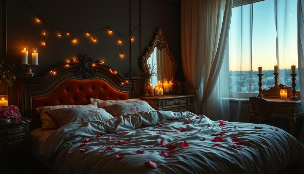 A cozy, dimly lit bedroom with lush, romantic decor. Soft candlelight flickers on a plush, velvet bedspread and silky, floral-patterned sheets. Delicate fairy lights drape across a wooden headboard, casting a warm, intimate glow. Ornate, antique-style furniture, including a vanity with a gilded mirror, lend an air of vintage elegance. The fragrance of fresh rose petals and vanilla candles fills the air, creating a serene, sensual atmosphere. A large window offers a view of a starry night sky, while sheer, flowing curtains billow gently in the breeze. This cozy, romantic scene is captured in a high-resolution, photorealistic image. Um quarto aconchegante, pouco iluminado, com decoração exuberante e romântica. A luz suave de velas cintila em uma colcha de veludo de pelúcia e lençóis sedosos com estampas florais. Delicadas luzes de fada são penduradas em uma cabeceira de madeira, lançando um brilho quente e íntimo. Móveis ornamentados em estilo antigo, incluindo uma penteadeira com espelho dourado, conferem um ar de elegância vintage. A fragrância de pétalas de rosas frescas e velas de baunilha enchem o ar, criando uma atmosfera serena e sensual. Uma grande janela oferece a vista de um céu noturno estrelado, enquanto cortinas transparentes e esvoaçantes flutuam suavemente com a brisa. Essa cena romântica e aconchegante é capturada em uma imagem fotorrealista de alta resolução.