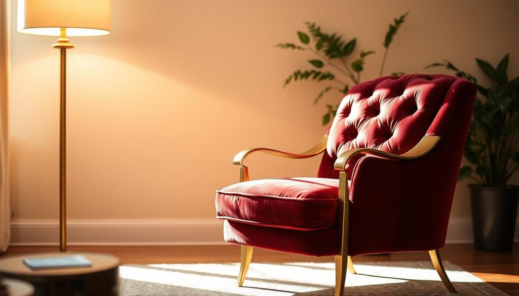 A cozy, inviting decorative armchair sits in a warm, well-lit living room. The chair features a plush, tufted velvet upholstery in a rich burgundy hue, complemented by gleaming brass accents on the curved arms and legs. Soft, diffused lighting from a floor lamp bathes the scene in a golden glow, casting gentle shadows that highlight the chair's elegant silhouette. The chair is positioned in the foreground, drawing the viewer's attention, while a neutral-toned wall and subtle hints of greenery in the background create a serene, sophisticated ambiance. The overall composition evokes a sense of comfort, relaxation, and refined style, perfectly capturing the benefits of incorporating a decorative armchair into a cozy living space. Uma poltrona decorativa aconchegante e convidativa fica em uma sala de estar quente e bem iluminada. A cadeira apresenta um estofamento de veludo macio e tufado em um rico tom bordô, complementado por detalhes em latão brilhante nos braços e pernas curvados. A iluminação suave e difusa de uma luminária de piso banha a cena com um brilho dourado, lançando sombras suaves que destacam a silhueta elegante da cadeira. A cadeira está posicionada em primeiro plano, chamando a atenção do observador, enquanto uma parede de tom neutro e toques sutis de vegetação ao fundo criam um ambiente sereno e sofisticado. A composição geral evoca uma sensação de conforto, relaxamento e estilo refinado, capturando perfeitamente os benefícios de incorporar uma poltrona decorativa em uma sala de estar aconchegante.