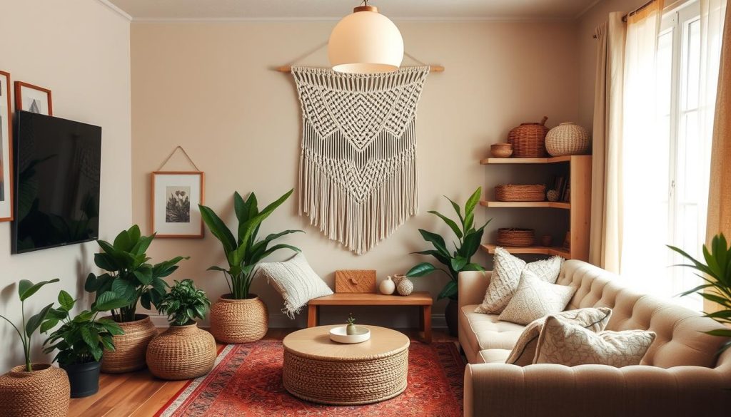 A cozy, inviting living room with boho chic decor. Warm, earthy tones create a relaxed, bohemian ambiance. Plush textured pillows, a macrame wall hanging, and a vintage rug anchor the space. Lush potted plants and natural wood accents add organic touches. Soft, diffused lighting from a statement pendant fixture casts a gentle glow. Framed artwork and woven baskets line the shelves, while a plush, tufted sofa invites lounging. Overall, the scene exudes a laid-back, artisanal charm that reflects the personality and colors of a boho chic living room. Uma sala de estar aconchegante e convidativa com decoração boho chic. Tons quentes e terrosos criam um ambiente descontraído e boêmio. Almofadas texturizadas de pelúcia, um enfeite de parede de macramê e um tapete vintage ancoram o espaço. Vasos de plantas exuberantes e detalhes em madeira natural dão um toque orgânico. A iluminação suave e difusa de uma luminária pendente de destaque lança um brilho suave. Obras de arte emolduradas e cestas de tecido alinham-se nas prateleiras, enquanto um sofá de pelúcia e tufado convida ao descanso. No geral, a cena exala um charme artesanal e descontraído que reflete a personalidade e as cores de uma sala de estar boho chic.