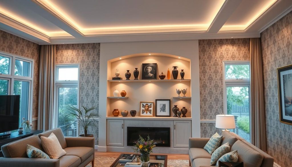A cozy living room with a beautiful wall-mounted niche, softly lit by warm overhead lighting. The niche features elegant shelving, displaying an array of decorative items, such as vases, sculptures, and framed artwork. The surrounding walls are adorned with neutral-toned wallpaper, creating a harmonious and inviting ambiance. The room is filled with natural light, streaming in through large windows, accentuating the depth and texture of the niche's design. The overall scene conveys a sense of balance, sophistication, and the benefits of incorporating thoughtful architectural elements into the living space. Uma sala de estar aconchegante com um belo nicho montado na parede, suavemente iluminado por uma iluminação superior quente. O nicho apresenta prateleiras elegantes, exibindo uma variedade de itens decorativos, como vasos, esculturas e obras de arte emolduradas. As paredes ao redor são decoradas com papel de parede em tons neutros, criando um ambiente harmonioso e convidativo. O cômodo é repleto de luz natural, que entra pelas grandes janelas, acentuando a profundidade e a textura do design do nicho. A cena geral transmite uma sensação de equilíbrio, sofisticação e os benefícios da incorporação de elementos arquitetônicos bem pensados na sala de estar.