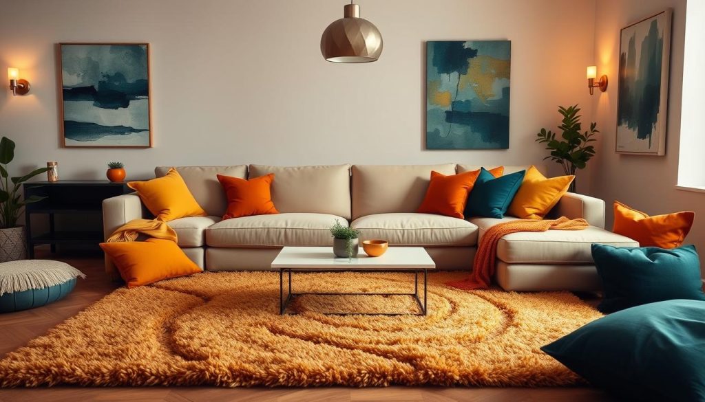 A cozy living room with a plush beige sofa as the centerpiece. The sofa is surrounded by a vibrant color palette that complements its neutral tone. In the foreground, a plush rug in a warm, earthy tone grounds the space. Scattered around the sofa are accent pillows in shades of mustard yellow, terracotta, and deep teal, creating a harmonious and inviting atmosphere. The middle ground features a sleek, minimalist coffee table, and on the walls, abstract artwork in muted blues and greens adds depth and visual interest. Warm, diffused lighting from wall sconces and a pendant fixture above casts a soft glow, enhancing the room's serene ambiance. Uma sala de estar aconchegante com um sofá bege de pelúcia como peça central. O sofá é cercado por uma paleta de cores vibrantes que complementa seu tom neutro. Em primeiro plano, um tapete de pelúcia em um tom quente e terroso dá base ao espaço. Ao redor do sofá estão espalhadas almofadas de destaque em tons de amarelo mostarda, terracota e azul-petróleo profundo, criando uma atmosfera harmoniosa e convidativa. O meio-termo apresenta uma mesa de centro elegante e minimalista e, nas paredes, obras de arte abstratas em tons suaves de azul e verde acrescentam profundidade e interesse visual. A iluminação quente e difusa das arandelas de parede e de uma luminária pendente acima emite um brilho suave, aprimorando o ambiente sereno da sala.