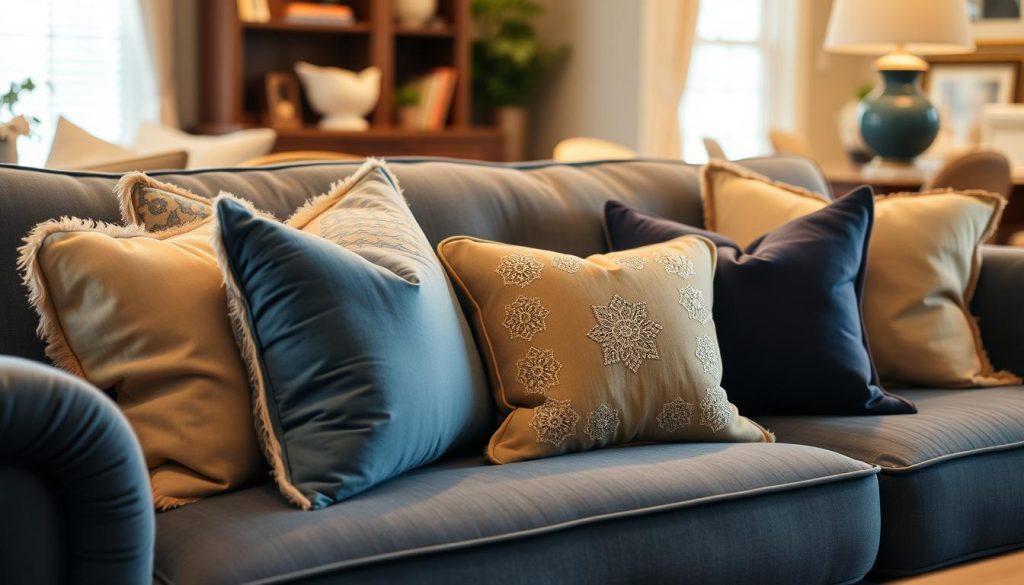 A cozy living room with a plush blue sofa, adorned with an array of decorative throw pillows. The pillows feature a variety of patterns and textures, including soft velvet, playful prints, and subtle embroidery. The lighting is warm and inviting, casting a gentle glow over the scene. The camera is positioned slightly above the sofa, capturing the inviting arrangement of pillows in the foreground, while the background hints at additional furnishings and decor that complement the blue color scheme. The overall atmosphere is one of comfort, style, and a touch of sophistication. A cozy living room with a plush blue sofa, adorned with an array of decorative throw pillows. The pillows feature a variety of patterns and textures, including soft velvet, playful prints, and subtle embroidery. The lighting is warm and inviting, casting a gentle glow over the scene. The camera is positioned slightly above the sofa, capturing the inviting arrangement of pillows in the foreground, while the background hints at additional furnishings and decor that complement the blue color scheme. The overall atmosphere is one of comfort, style, and a touch of sophistication.