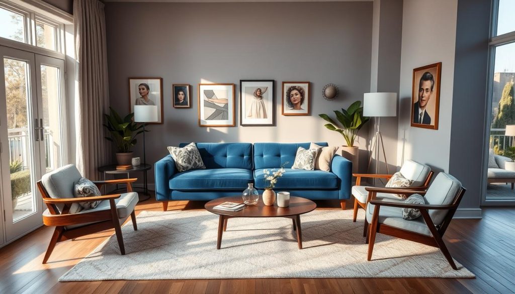 A cozy living room with a plush blue sofa as the central focus. The sofa is surrounded by complementary furniture pieces, such as a mid-century modern coffee table and a pair of sleek, wooden side chairs. Soft, neutral-toned rugs and textiles add depth and warmth to the space. Strategically placed lamps and wall decor, including framed artwork and potted plants, create a harmonious and inviting atmosphere. The room is bathed in natural light, with large windows allowing the sun to filter in, casting a soft, golden glow throughout. The overall aesthetic is one of elegance, comfort, and thoughtful design. A cozy living room with a plush blue sofa as the central focus. The sofa is surrounded by complementary furniture pieces, such as a mid-century modern coffee table and a pair of sleek, wooden side chairs. Soft, neutral-toned rugs and textiles add depth and warmth to the space. Strategically placed lamps and wall decor, including framed artwork and potted plants, create a harmonious and inviting atmosphere. The room is bathed in natural light, with large windows allowing the sun to filter in, casting a soft, golden glow throughout. The overall aesthetic is one of elegance, comfort, and thoughtful design.