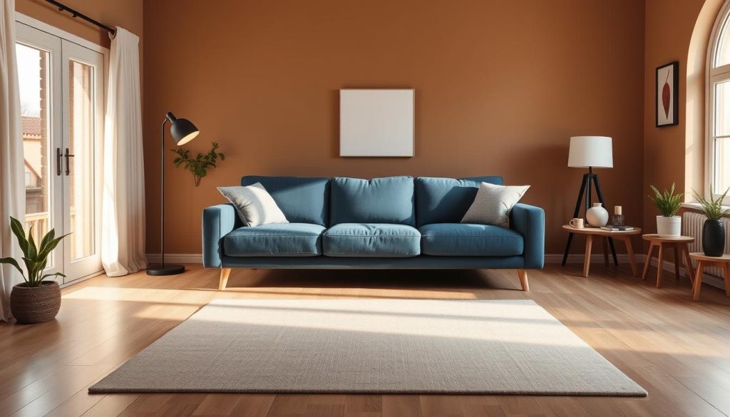 A cozy living room with a plush, deep blue sofa as the focal point. The sofa is set against a backdrop of warm, earthy-toned walls, complemented by wooden accents and minimal, Scandinavian-inspired decor. Soft, diffused lighting from floor lamps and table lamps creates a serene, inviting atmosphere. A large, arched window floods the space with natural light, casting gentle shadows and highlights across the room. In the foreground, a modern, geometric area rug in neutral tones grounds the composition, while potted plants and subtle wall art add natural touches. The overall styling evokes a harmonious, relaxed ambiance that showcases the versatility of a blue sofa in a contemporary interior design. A cozy living room with a plush, deep blue sofa as the focal point. The sofa is set against a backdrop of warm, earthy-toned walls, complemented by wooden accents and minimal, Scandinavian-inspired decor. Soft, diffused lighting from floor lamps and table lamps creates a serene, inviting atmosphere. A large, arched window floods the space with natural light, casting gentle shadows and highlights across the room. In the foreground, a modern, geometric area rug in neutral tones grounds the composition, while potted plants and subtle wall art add natural touches. The overall styling evokes a harmonious, relaxed ambiance that showcases the versatility of a blue sofa in a contemporary interior design.