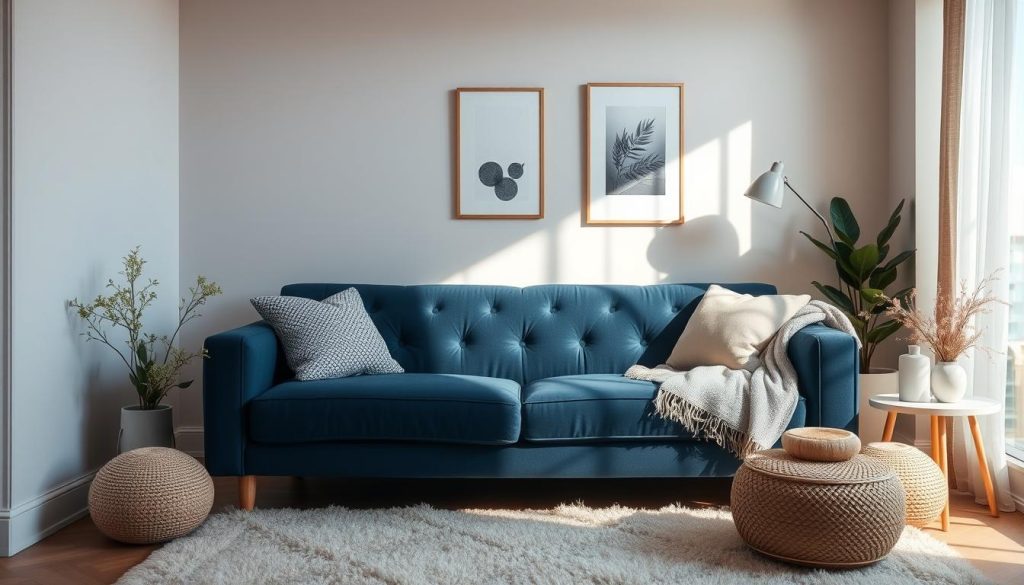 A cozy living room with a plush, navy blue sofa as the focal point. The space is bathed in warm, soft lighting, creating a welcoming ambiance. Delicate plants and minimal, Scandinavian-inspired decor elements adorn the room, complementing the blue hues. The arrangement highlights the sofa while maintaining a sense of openness and airiness, suitable for a small space. Subtle textural details, such as woven throws and a fluffy rug, add depth and visual interest. The overall composition exudes a serene, sophisticated atmosphere, perfectly suited for the "Decoração Sala com Sofá Azul: Ideias para Espaços Pequenos" section. Uma sala de estar aconchegante com um sofá de pelúcia azul-marinho como ponto focal. O espaço é banhado por uma iluminação quente e suave, criando um ambiente acolhedor. Plantas delicadas e elementos de decoração minimalistas, de inspiração escandinava, adornam a sala, complementando os tons azuis. O arranjo destaca o sofá e, ao mesmo tempo, mantém uma sensação de abertura e leveza, adequada para um espaço pequeno. Detalhes sutis de textura, como mantas de tecido e um tapete macio, acrescentam profundidade e interesse visual. A composição geral exala uma atmosfera serena e sofisticada, perfeitamente adequada para a "Decoração Sala com Sofá Azul: Ideias para Espaços Pequenos".