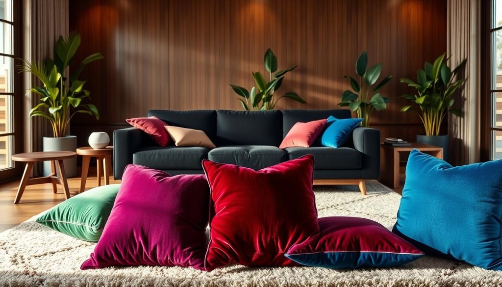 A cozy living room with a sleek, black sofa as the focal point. In the foreground, an assortment of vibrant accent pillows in rich jewel-toned hues - emerald green, deep burgundy, and lush royal blue - create a striking contrast against the dark sofa. Placed strategically around the room, mid-century modern side tables and a large, plush area rug in a complementary neutral tone anchor the space. The lighting is soft and warm, casting a gentle glow that enhances the luxurious yet inviting atmosphere. Tall, potted plants in the background add a touch of natural elegance, while the large window allows natural light to flood the room, illuminating the harmonious color palette. Uma sala de estar aconchegante com um sofá preto e elegante como ponto focal. Em primeiro plano, uma variedade de almofadas de realce vibrantes em ricos tons de joias - verde esmeralda, bordô profundo e azul royal exuberante - criam um contraste impressionante com o sofá escuro. Colocadas estrategicamente ao redor da sala, mesas laterais modernas de meados do século e um grande tapete de pelúcia em um tom neutro complementar ancoram o espaço. A iluminação é suave e quente, lançando um brilho gentil que aprimora a atmosfera luxuosa e convidativa. Os vasos de plantas altos ao fundo dão um toque de elegância natural, enquanto a grande janela permite que a luz natural inunde o ambiente, iluminando a harmoniosa paleta de cores.