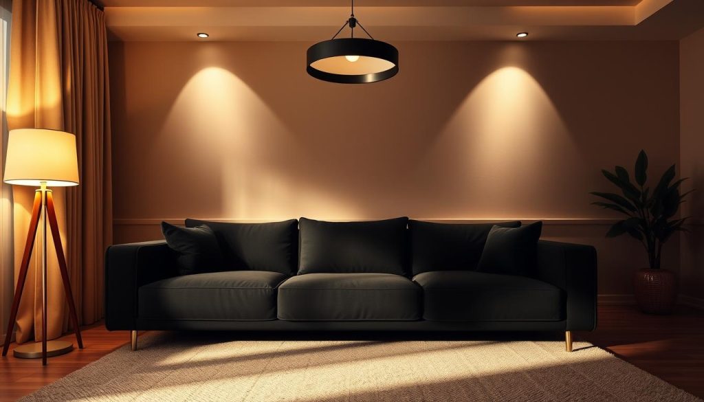 A cozy living room with a sleek, black sofa takes center stage, bathed in warm, ambient lighting. The foreground features a pair of mid-century modern floor lamps, their soft, golden glow cascading over the plush, charcoal upholstery. In the middle ground, a statement pendant light hangs above, its minimalist design complementing the room's contemporary aesthetic. The background showcases a neutral-toned feature wall, accentuated by strategically placed spotlights, creating a sense of depth and highlighting the sofa's elegant silhouette. The overall mood is one of sophistication and relaxation, making this the ideal lighting setup for a living space with a chic, black sofa. Uma sala de estar aconchegante com um sofá preto elegante ocupa o centro do palco, banhado por uma iluminação ambiente quente. O primeiro plano apresenta um par de luminárias de piso modernas de meados do século, com seu brilho suave e dourado em cascata sobre o estofamento de pelúcia em carvão. No meio do cenário, uma luminária pendente de destaque está pendurada acima, com seu design minimalista complementando a estética contemporânea da sala. O plano de fundo mostra uma parede em tom neutro, acentuada por holofotes estrategicamente posicionados, criando uma sensação de profundidade e destacando a silhueta elegante do sofá. O clima geral é de sofisticação e relaxamento, tornando essa a configuração de iluminação ideal para uma sala de estar com um sofá preto chique.