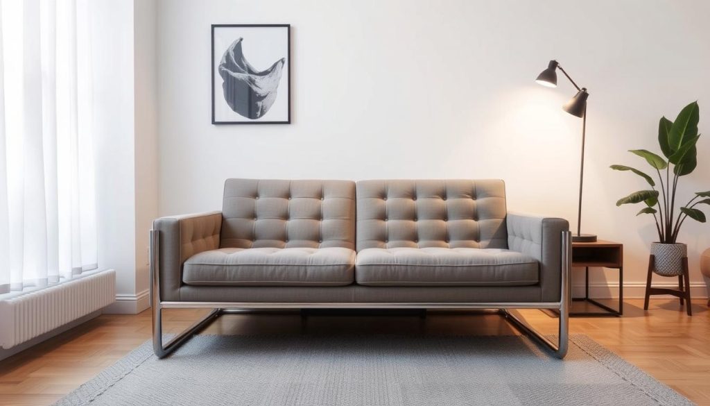 A cozy living room with a small-scale retractable sofa taking center stage. Warm lighting casts a soft glow, highlighting the tufted upholstery and sleek chrome frame. The sofa is positioned against a minimalist white wall, allowing the piece to be the focal point. In the background, a statement piece of art or a decorative plant adds a touch of personality. The room's layout is designed to maximize the available space, showcasing how a retractable sofa can be the perfect solution for a compact area. The overall atmosphere is inviting and stylish, reflecting the section's focus on "Real Inspirations of Living Rooms with Retractable Sofas". Uma sala de estar aconchegante com um sofá retrátil de pequeno porte ocupando o centro do palco. A iluminação quente emite um brilho suave, destacando o estofamento com tufos e a elegante estrutura cromada. O sofá está posicionado contra uma parede branca minimalista, permitindo que a peça seja o ponto focal. Ao fundo, uma obra de arte marcante ou uma planta decorativa acrescenta um toque de personalidade. O layout da sala foi projetado para maximizar o espaço disponível, mostrando como um sofá retrátil pode ser a solução perfeita para uma área compacta. A atmosfera geral é convidativa e elegante, refletindo o foco da seção em “Inspirações reais de salas de estar com sofás retráteis