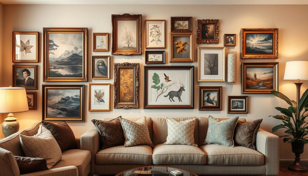 A cozy living room with an elegant arrangement of decorative frames on the wall. The frames feature a variety of artwork, from abstract paintings to nature-inspired prints, creating a visually captivating display. Soft, warm lighting casts a inviting glow, highlighting the frames' intricate designs and textures. The frames are strategically placed to create a harmonious balance, drawing the eye around the room and adding depth and character to the space. The overall scene conveys a sense of refined sophistication and personal expression, perfectly capturing the importance of decorative frames in enhancing the ambiance of a living room. Uma acolhedora sala de estar com uma elegante disposição de molduras decorativas na parede. As molduras apresentam uma variedade de obras de arte, desde pinturas abstractas a gravuras inspiradas na natureza, criando uma exposição visualmente cativante. A iluminação suave e quente cria um brilho convidativo, realçando os desenhos e texturas intrincados das molduras. As molduras estão estrategicamente colocadas para criar um equilíbrio harmonioso, atraindo o olhar para a sala e acrescentando profundidade e carácter ao espaço. A cena geral transmite uma sensação de sofisticação refinada e expressão pessoal, captando na perfeição a importância das molduras decorativas para melhorar o ambiente de uma sala de estar.