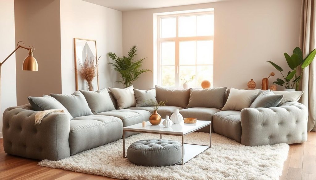 A cozy living room with an inviting arrangement of plush, modern puffs in various shades of gray and beige. The puffs are strategically placed to create a comfortable seating area, complemented by a sleek, minimalist coffee table and a large, picture window that floods the space with warm, natural light. The walls are painted in a soft, neutral color, allowing the textured puffs to take center stage. Subtle metallic accents, such as a floor lamp and decorative vases, add a touch of elegance, while potted plants and a fluffy area rug tie the room together, creating a harmonious and visually appealing composition. A cozy living room with an inviting arrangement of plush, modern puffs in various shades of gray and beige. The puffs are strategically placed to create a comfortable seating area, complemented by a sleek, minimalist coffee table and a large, picture window that floods the space with warm, natural light. The walls are painted in a soft, neutral color, allowing the textured puffs to take center stage. Subtle metallic accents, such as a floor lamp and decorative vases, add a touch of elegance, while potted plants and a fluffy area rug tie the room together, creating a harmonious and visually appealing composition.