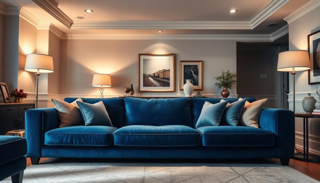 A cozy, well-lit living room with a plush, deep blue sofa at the center. Soft, ambient lighting from elegant floor lamps and recessed ceiling fixtures bathes the scene in a warm, inviting glow. The sofa's clean lines and luxurious velvet upholstery are the focal point, accentuated by the thoughtful placement of throw pillows in complementary shades. Carefully selected artwork and decorative accents adorn the walls, creating a harmonious, sophisticated atmosphere. The overall composition emphasizes the blue sofa's striking presence, showcasing it as the stunning centerpiece of this meticulously designed interior. A cozy, well-lit living room with a plush, deep blue sofa at the center. Soft, ambient lighting from elegant floor lamps and recessed ceiling fixtures bathes the scene in a warm, inviting glow. The sofa's clean lines and luxurious velvet upholstery are the focal point, accentuated by the thoughtful placement of throw pillows in complementary shades. Carefully selected artwork and decorative accents adorn the walls, creating a harmonious, sophisticated atmosphere. The overall composition emphasizes the blue sofa's striking presence, showcasing it as the stunning centerpiece of this meticulously designed interior.