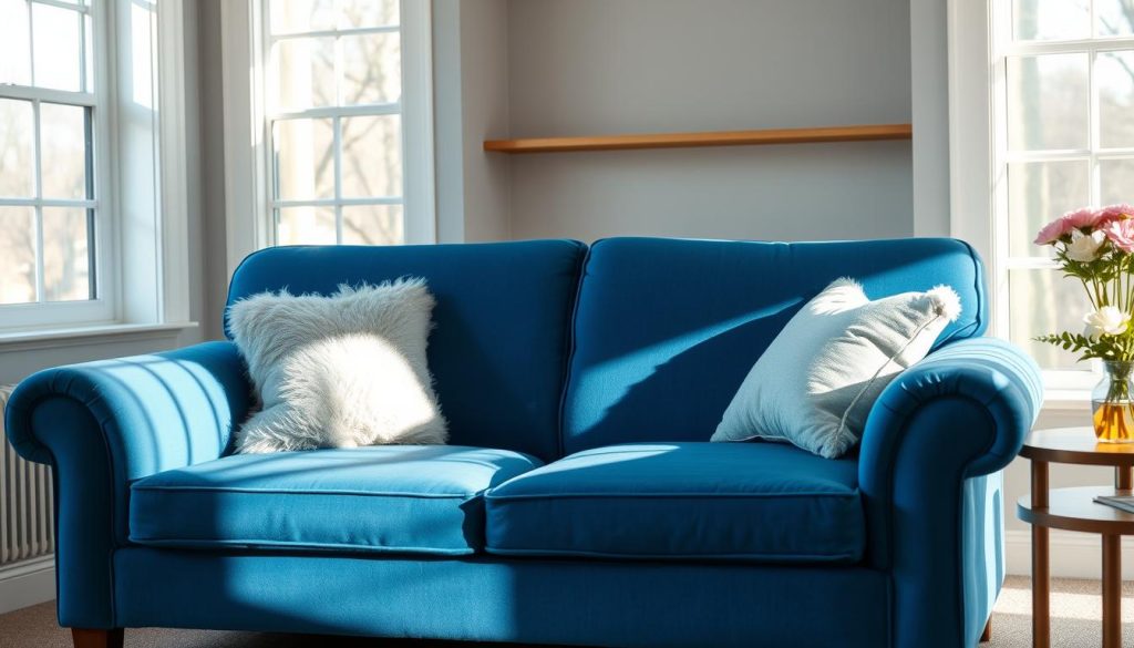 A cozy, well-maintained blue sofa sits in a bright, airy living room. Sunlight streams through large windows, casting a warm glow over the plush upholstery. The sofa's deep azure hue is complemented by pale gray walls and wooden accents, creating a serene and inviting atmosphere. Fluffy throw pillows in coordinating shades of blue add a touch of comfort. The sofa's clean lines and pristine condition suggest careful attention to detail and regular maintenance. A vase of fresh flowers on a nearby end table completes the scene, highlighting the sofa's central role in this harmonious, visually pleasing interior design. A cozy, well-maintained blue sofa sits in a bright, airy living room. Sunlight streams through large windows, casting a warm glow over the plush upholstery. The sofa's deep azure hue is complemented by pale gray walls and wooden accents, creating a serene and inviting atmosphere. Fluffy throw pillows in coordinating shades of blue add a touch of comfort. The sofa's clean lines and pristine condition suggest careful attention to detail and regular maintenance. A vase of fresh flowers on a nearby end table completes the scene, highlighting the sofa's central role in this harmonious, visually pleasing interior design.