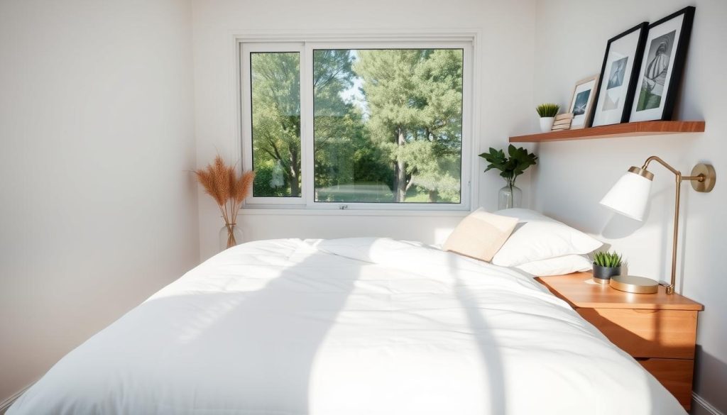 A cozy, well-organized small bedroom with minimalist decor, soft lighting, and a serene atmosphere. In the foreground, a simple yet elegant queen-sized bed with plush white bedding and a few decorative pillows. On the nightstands, small potted plants and a sleek, modern table lamp. Along the walls, floating shelves displaying a few carefully curated decorative items and framed artwork. In the background, a large window overlooking a peaceful, tree-lined view, allowing natural light to filter in and create a calming ambiance. The room has a clean, Scandinavian-inspired aesthetic, promoting a sense of tranquility and relaxation. Um quarto pequeno aconchegante e bem organizado com decoração minimalista, iluminação suave e uma atmosfera serena. Em primeiro plano, uma cama queen size simples, porém elegante, com roupa de cama branca macia e alguns travesseiros decorativos. Nas mesinhas de cabeceira, pequenos vasos de plantas e uma luminária de mesa moderna e elegante. Ao longo das paredes, prateleiras flutuantes exibindo alguns itens decorativos cuidadosamente selecionados e obras de arte emolduradas. Ao fundo, uma grande janela com vista para uma paisagem tranquila e arborizada, permitindo que a luz natural entre e crie um ambiente relaxante. O cômodo tem uma estética limpa e de inspiração escandinava, promovendo uma sensação de tranquilidade e relaxamento.