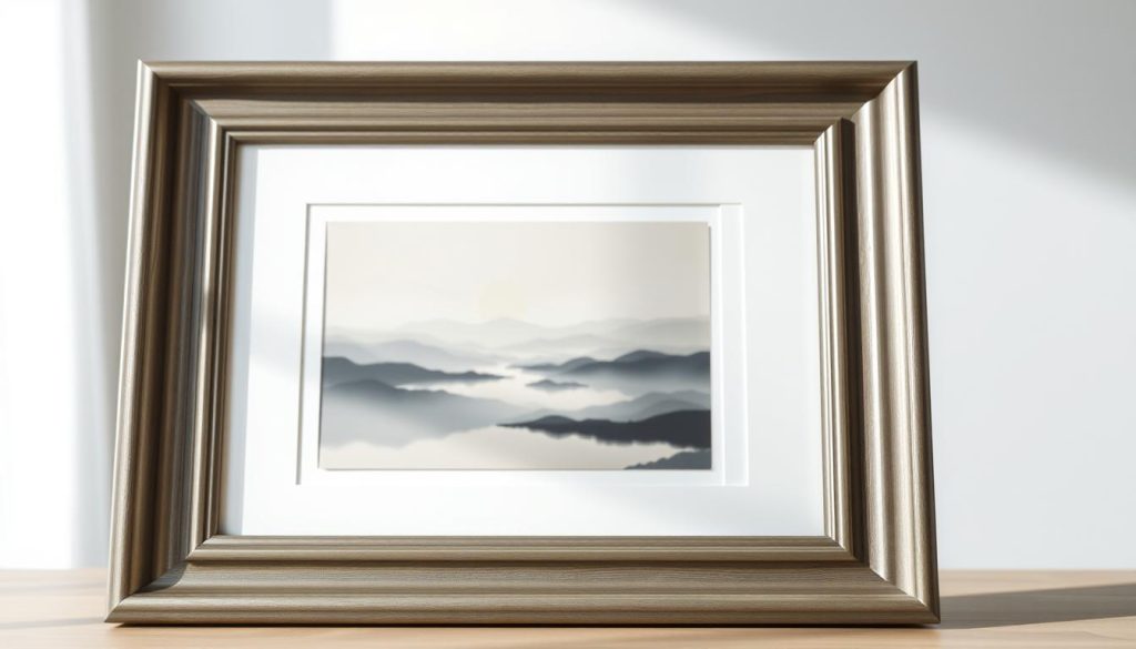 A high-quality decorative frame with a subtle, muted color palette and a refined, minimalist design. The frame is positioned in the foreground, casting soft, diffuse lighting across the surface. In the middle ground, the frame contains a serene, abstract landscape painting with calming hues and gentle brushstrokes. The background is softly blurred, creating a sense of depth and focus on the artwork. The overall composition conveys a sense of tranquility, elegance, and attention to detail, befitting a well-curated living space. Uma moldura decorativa de alta qualidade com uma paleta de cores subtis e suaves e um design refinado e minimalista. A moldura está posicionada em primeiro plano, lançando uma luz suave e difusa sobre a superfície. No centro, a moldura contém uma pintura de paisagem serena e abstrata com tons calmos e pinceladas suaves. O fundo está suavemente esbatido, criando uma sensação de profundidade e foco na obra de arte. A composição geral transmite uma sensação de tranquilidade, elegância e atenção aos pormenores, condizente com um espaço de vida bem organizado.