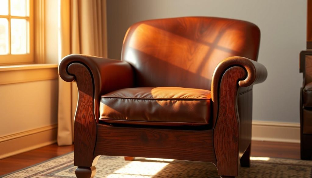 A masterfully crafted solid wood armchair, its rich mahogany hue and intricate grain patterns exuding an air of timeless elegance. Delicately curved armrests and a deep, supportive seat invite the viewer to sink into its plush, buttery-soft leather upholstery. Sunlight filters through a nearby window, casting warm, golden highlights across the chair's surface and creating a cozy, inviting atmosphere. The chair's sturdy construction and premium materials convey a sense of quality and durability, perfectly suited for a refined, welcoming living space. Uma poltrona de madeira maciça magistralmente trabalhada, com sua rica tonalidade de mogno e intrincados padrões de grãos que exalam um ar de elegância atemporal. Os apoios de braço delicadamente curvados e o assento profundo e de apoio convidam o espectador a afundar em seu estofamento de couro macio e suave. A luz do sol passa por uma janela próxima, lançando reflexos dourados e quentes na superfície da cadeira e criando uma atmosfera aconchegante e convidativa. A construção robusta e os materiais premium da cadeira transmitem uma sensação de qualidade e durabilidade, perfeitamente adequada para um espaço de convivência refinado e acolhedor.