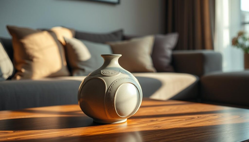A meticulously crafted decorative vase resting on a polished wooden surface, casting soft shadows in the warm, ambient light of a cozy living room. The vase's elegant silhouette features intricate patterns and a muted color palette, effortlessly blending with the room's muted tones. Surrounding the vase, subtle accents like a plush throw pillow and a single flowering plant add depth and visual interest to the serene, inviting scene. The overall composition exudes a sense of refined sophistication, perfectly encapsulating the importance of decorative vases in enhancing the elegance and harmony of a living space. Um vaso decorativo meticulosamente trabalhado descansando em uma superfície de madeira polida, lançando sombras suaves na luz ambiente quente de uma sala de estar aconchegante. A silhueta elegante do vaso apresenta padrões intrincados e uma paleta de cores suaves, combinando facilmente com os tons suaves da sala. Ao redor do vaso, detalhes sutis como uma almofada de pelúcia e uma única planta com flores acrescentam profundidade e interesse visual à cena serena e convidativa. A composição geral exala um senso de sofisticação refinada, encapsulando perfeitamente a importância dos vasos decorativos para aumentar a elegância e a harmonia de um espaço de convivência.