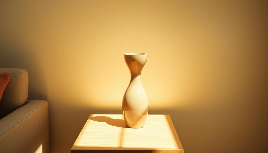 A meticulously crafted decorative vase stands elegantly on a wooden side table, casting soft shadows that accentuate its intricate details. The vase, with a sleek, minimalist design, features a gentle hourglass shape and a glossy, light-reflecting surface. Positioned in a well-lit room, the vase is illuminated from above, creating a warm, inviting atmosphere. The background is a tranquil, neutral-toned setting, allowing the vase to be the focal point and showcasing its sophisticated appeal. This visually striking yet understated decorative piece would seamlessly complement a variety of living room styles, from modern to traditional. Um vaso decorativo meticulosamente trabalhado fica elegante em uma mesa lateral de madeira, lançando sombras suaves que acentuam seus detalhes intrincados. O vaso, com um design elegante e minimalista, apresenta uma forma suave de ampulheta e uma superfície brilhante que reflete a luz. Posicionado em uma sala bem iluminada, o vaso é iluminado por cima, criando uma atmosfera calorosa e convidativa. O fundo é um ambiente tranquilo e de tons neutros, permitindo que o vaso seja o ponto focal e exibindo seu apelo sofisticado. Essa peça decorativa visualmente impressionante, porém discreta, complementaria perfeitamente uma variedade de estilos de sala de estar, do moderno ao tradicional.