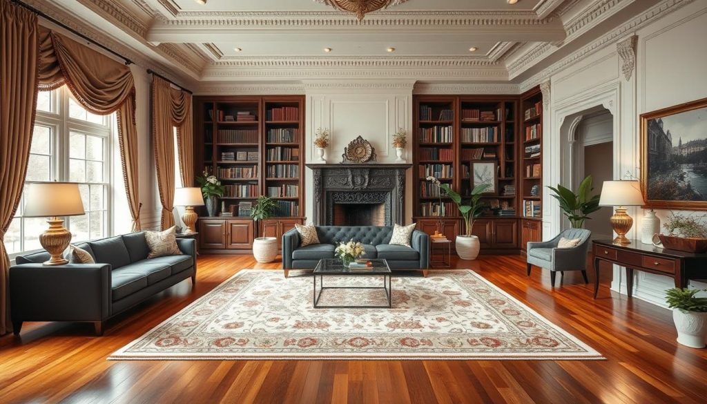 A meticulously curated classic living room, centered around a sleek, ebony sofa. Ornate crown moldings and elegant drapes frame the space, creating a sense of timeless sophistication. Gleaming hardwood floors are adorned with a plush, Persian-inspired rug, its intricate patterns a study in understated luxury. Antique brass lamps cast a warm, inviting glow, while a grand, ornate fireplace mantel stands as the focal point, flanked by towering bookshelves filled with leather-bound volumes. Lush, verdant potted plants and tasteful artwork on the walls add pops of color, balancing the room's refined palette. The overall ambiance is one of refined elegance, where classic and contemporary elements seamlessly coexist. Uma sala de estar clássica com curadoria meticulosa, centralizada em torno de um elegante sofá de ébano. Molduras de coroa ornamentadas e cortinas elegantes emolduram o espaço, criando uma sensação de sofisticação atemporal. O piso de madeira de lei reluzente é adornado com um tapete de pelúcia de inspiração persa, cujos padrões intrincados são um estudo de luxo discreto. Lâmpadas antigas de latão lançam um brilho quente e convidativo, enquanto uma grande lareira ornamentada é o ponto focal, ladeada por estantes imponentes repletas de volumes encadernados em couro. Os vasos de plantas exuberantes e verdejantes e as obras de arte de bom gosto nas paredes acrescentam toques de cor, equilibrando a paleta refinada do cômodo. O ambiente geral é de uma elegância refinada, onde elementos clássicos e contemporâneos coexistem perfeitamente.