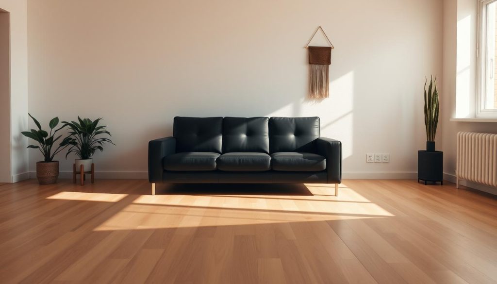 A minimalist living room with a sleek black sofa as the focal point. The space is bathed in warm, natural lighting, creating a cozy and inviting atmosphere. The room features clean lines, neutral tones, and a few carefully curated decor pieces, such as a potted plant or a modern wall hanging. The layout is well-balanced, with the sofa positioned against a plain, textured wall, allowing it to stand out elegantly. The floor is a light-colored hardwood, complementing the overall minimalist aesthetic. The scene conveys a sense of simplicity, sophistication, and relaxation. Uma sala de estar minimalista com um elegante sofá preto como ponto focal. O espaço é banhado por uma iluminação natural e quente, criando uma atmosfera aconchegante e convidativa. O cômodo apresenta linhas simples, tons neutros e algumas peças de decoração cuidadosamente selecionadas, como um vaso de plantas ou um enfeite de parede moderno. O layout é bem equilibrado, com o sofá posicionado contra uma parede lisa e texturizada, o que permite que ele se destaque com elegância. O piso é de madeira de lei de cor clara, complementando a estética minimalista geral. A cena transmite uma sensação de simplicidade, sofisticação e relaxamento.