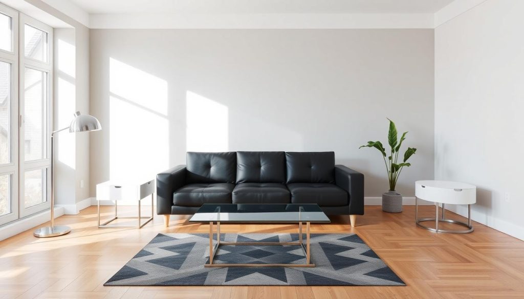A modern and stylish living room with a sleek black sofa as the centerpiece. The sofa is flanked by minimalist white end tables and a contemporary glass coffee table, all set against a backdrop of warm-toned wood flooring and pale gray walls. Natural light streams in through large windows, casting a soft glow on the space. Subtle geometric accents, such as a chrome floor lamp and a geometric area rug, add visual interest. The overall atmosphere is one of understated elegance and sophistication, creating an inviting and comfortable space for relaxation. Uma sala de estar moderna e elegante com um elegante sofá preto como peça central. O sofá é ladeado por mesas finais brancas minimalistas e uma mesa de centro de vidro contemporânea, tudo isso em um cenário de piso de madeira em tons quentes e paredes cinza-claro. A luz natural entra pelas grandes janelas, lançando um brilho suave no espaço. Sutis detalhes geométricos, como uma luminária de piso cromada e um tapete geométrico, acrescentam interesse visual. A atmosfera geral é de elegância e sofisticação discretas, criando um espaço convidativo e confortável para o relaxamento.